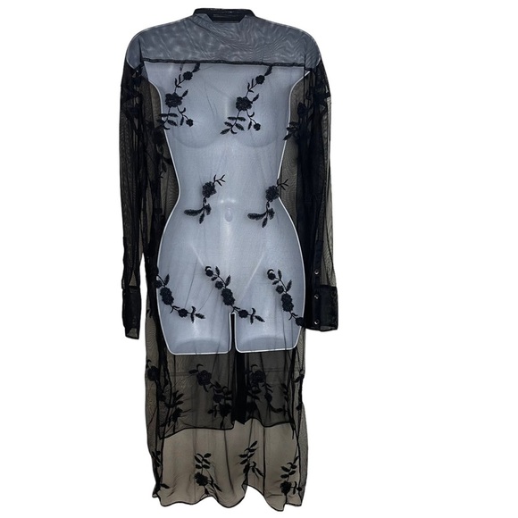 Zara Black Button Down Duster with Flower Stitch Print Size S - Picture 4 of 7